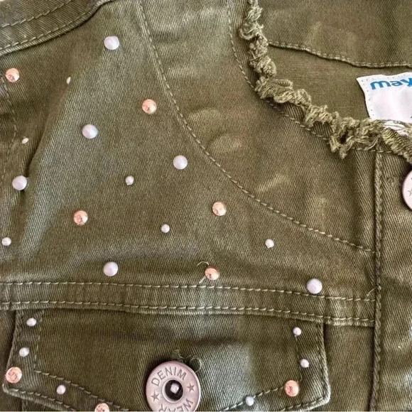 Mayoral Olive Army Green Glam Cotton Blend Denim Girls Jeans Jacket SZ 10 #2036 - Picture 8 of 9